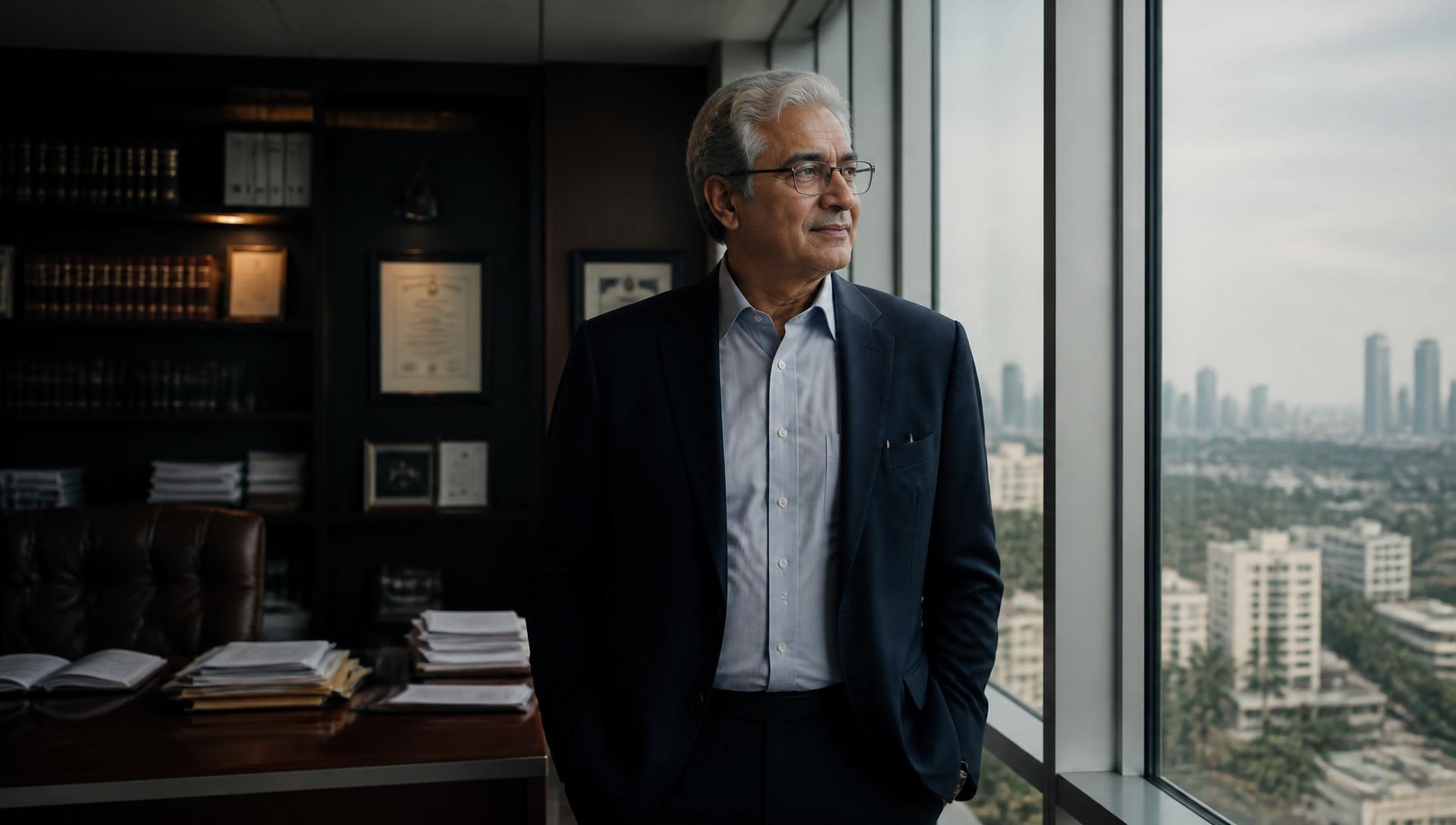 A senior chartered accountant in a Mumbai office, looking out over the city